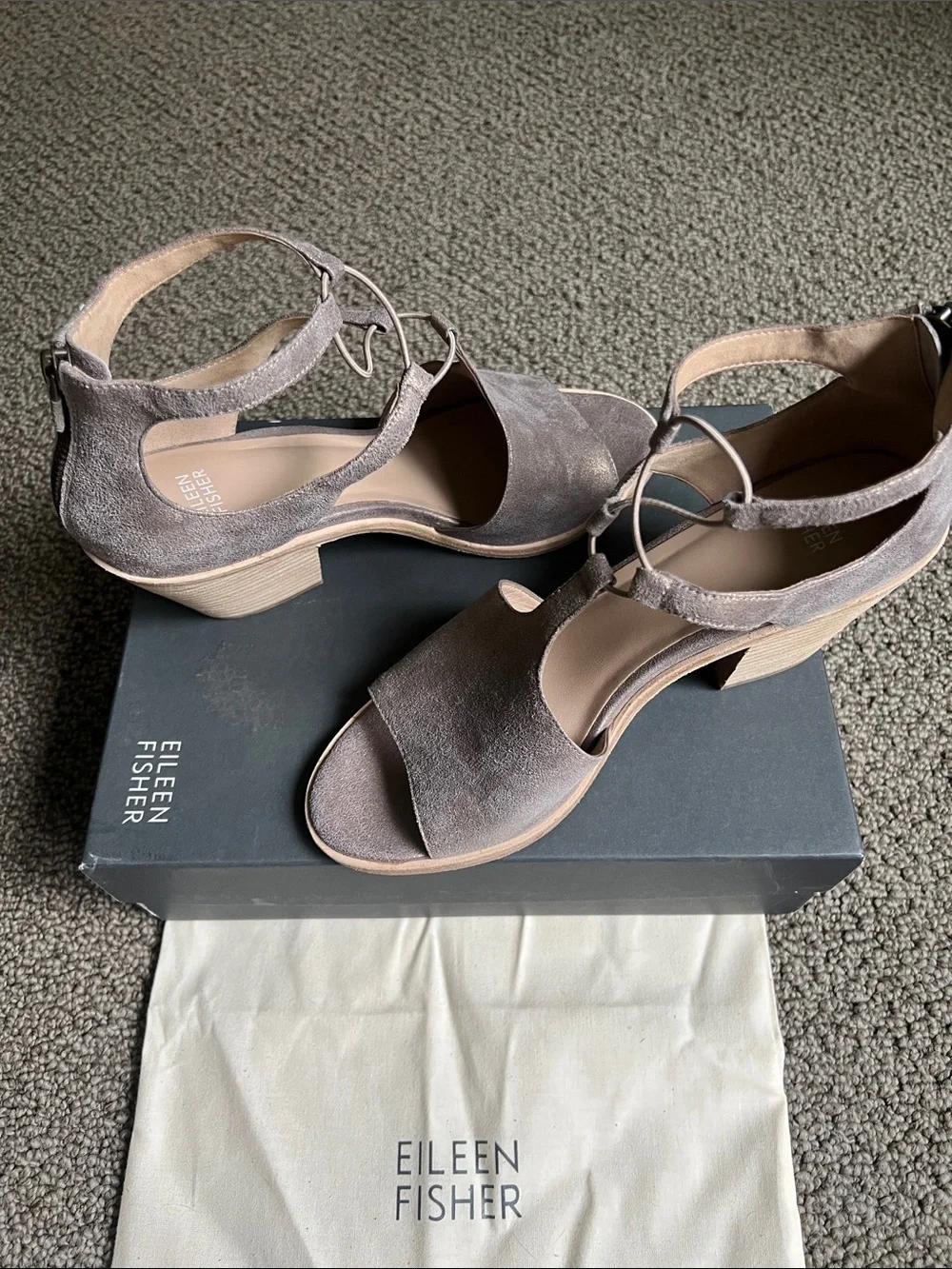 Eileen Fisher Gray Metallic Suede Block Heel Sandals